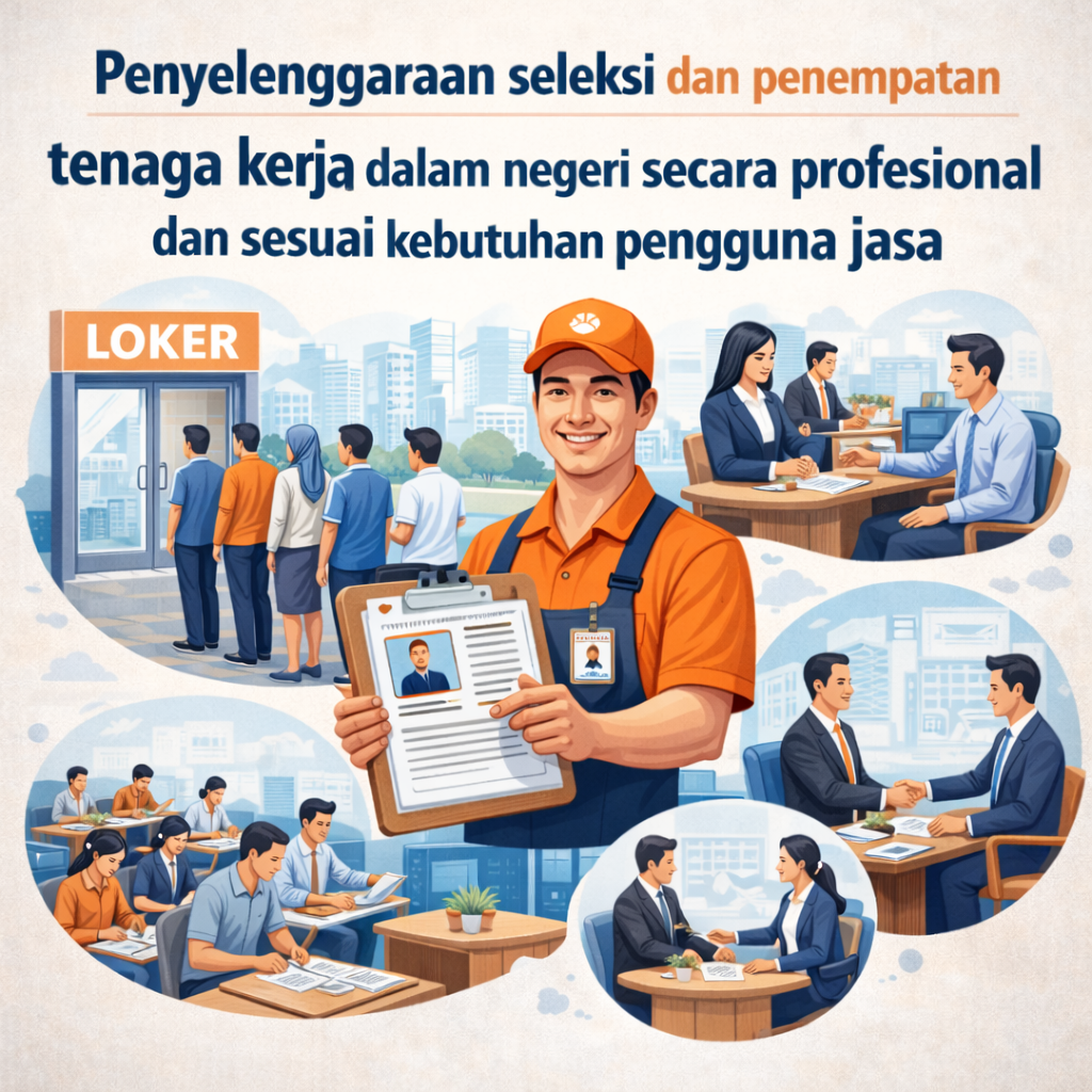 Penyelenggaraan seleksi dan penempatan tenaga kerja dalam negeri secara profesional dan sesuai kebutuhan pengguna jasa.
