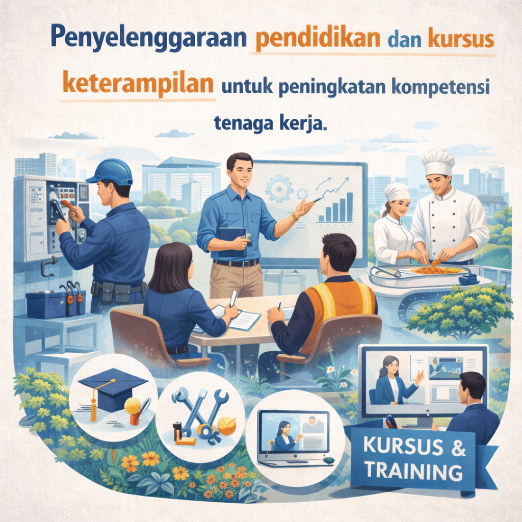 Penyelenggaraan pendidikan dan kursus keterampilan untuk peningkatan kompetensi tenaga kerja.